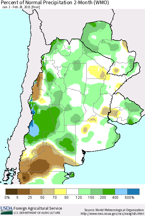Southern South America Percent of Normal Precipitation 2-Month (WMO) Thematic Map For 1/1/2021 - 2/28/2021