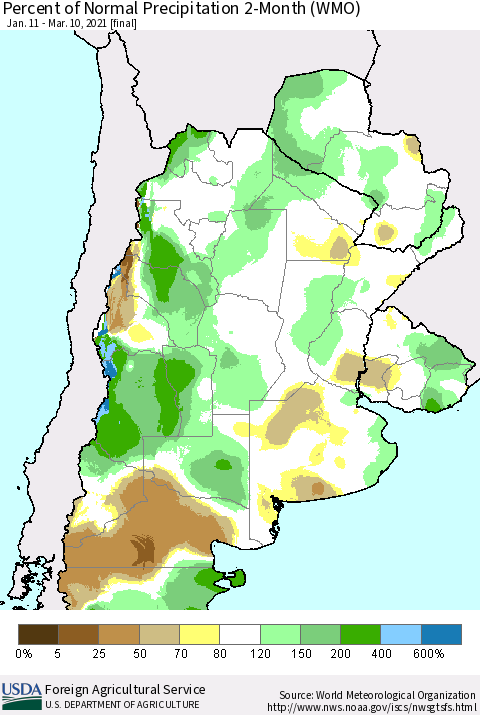 Southern South America Percent of Normal Precipitation 2-Month (WMO) Thematic Map For 1/11/2021 - 3/10/2021