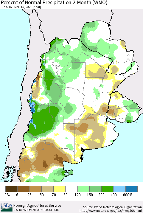 Southern South America Percent of Normal Precipitation 2-Month (WMO) Thematic Map For 1/16/2021 - 3/15/2021