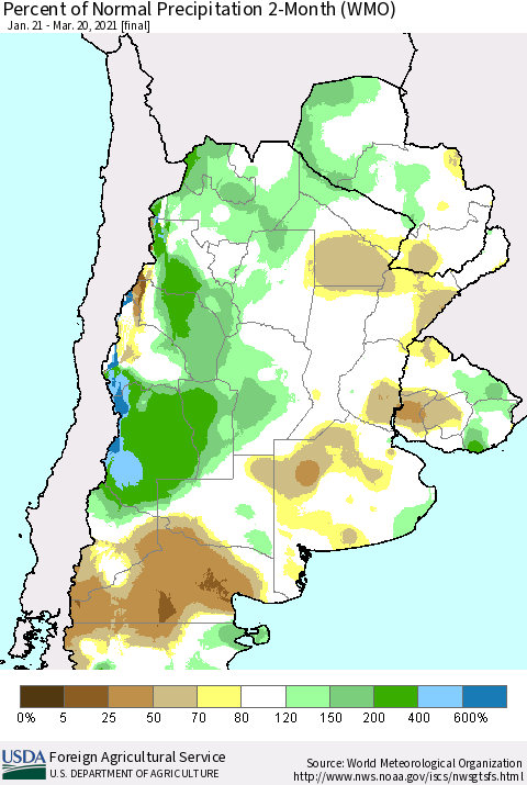 Southern South America Percent of Normal Precipitation 2-Month (WMO) Thematic Map For 1/21/2021 - 3/20/2021