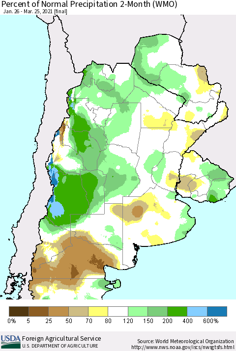 Southern South America Percent of Normal Precipitation 2-Month (WMO) Thematic Map For 1/26/2021 - 3/25/2021