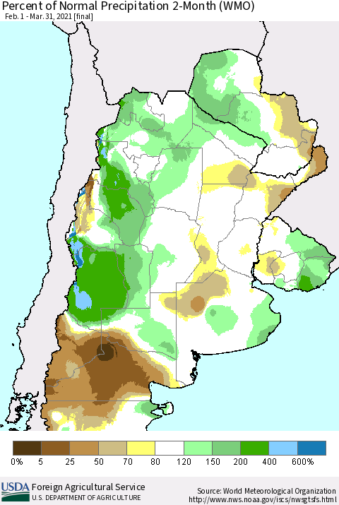 Southern South America Percent of Normal Precipitation 2-Month (WMO) Thematic Map For 2/1/2021 - 3/31/2021