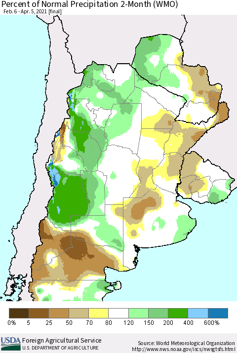 Southern South America Percent of Normal Precipitation 2-Month (WMO) Thematic Map For 2/6/2021 - 4/5/2021