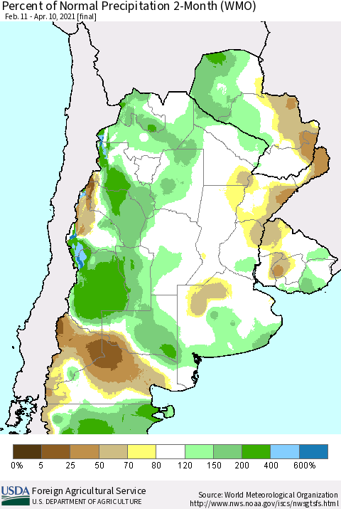 Southern South America Percent of Normal Precipitation 2-Month (WMO) Thematic Map For 2/11/2021 - 4/10/2021
