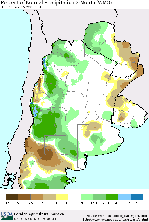 Southern South America Percent of Normal Precipitation 2-Month (WMO) Thematic Map For 2/16/2021 - 4/15/2021