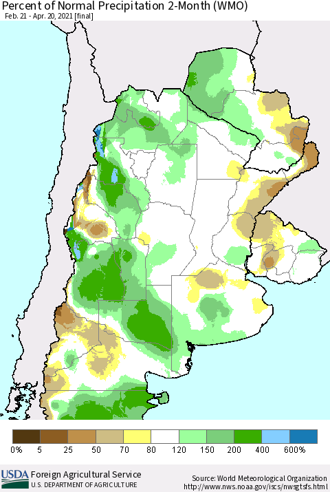 Southern South America Percent of Normal Precipitation 2-Month (WMO) Thematic Map For 2/21/2021 - 4/20/2021