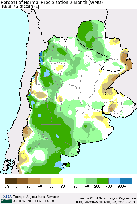 Southern South America Percent of Normal Precipitation 2-Month (WMO) Thematic Map For 2/26/2021 - 4/25/2021