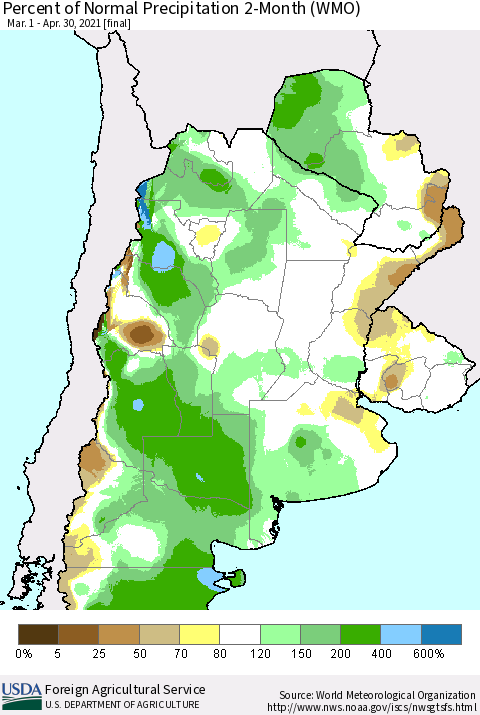 Southern South America Percent of Normal Precipitation 2-Month (WMO) Thematic Map For 3/1/2021 - 4/30/2021