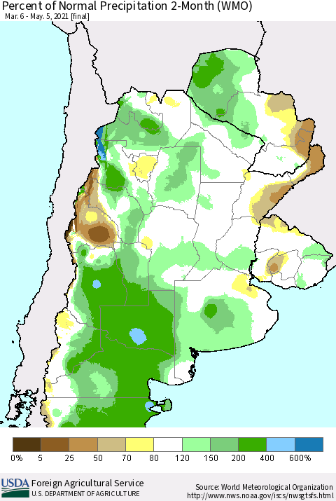 Southern South America Percent of Normal Precipitation 2-Month (WMO) Thematic Map For 3/6/2021 - 5/5/2021
