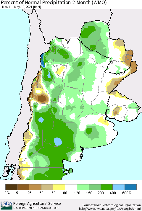 Southern South America Percent of Normal Precipitation 2-Month (WMO) Thematic Map For 3/11/2021 - 5/10/2021