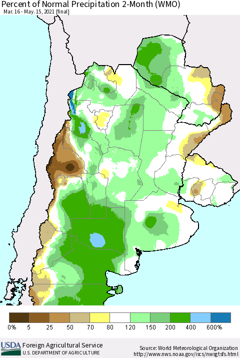 Southern South America Percent of Normal Precipitation 2-Month (WMO) Thematic Map For 3/16/2021 - 5/15/2021