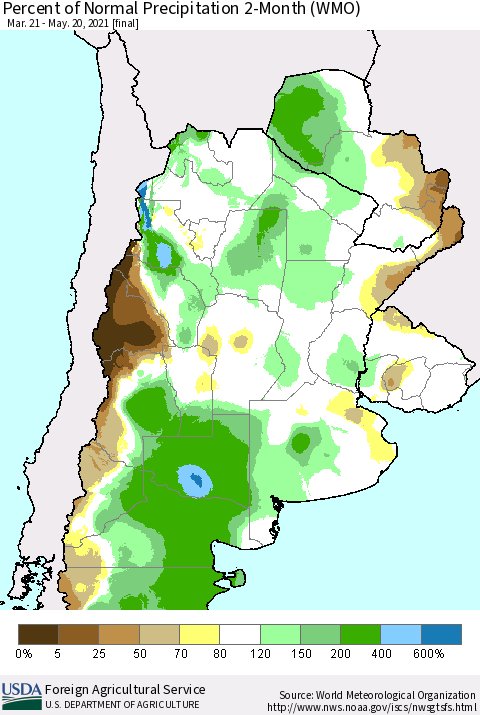 Southern South America Percent of Normal Precipitation 2-Month (WMO) Thematic Map For 3/21/2021 - 5/20/2021