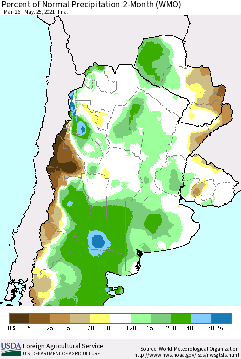 Southern South America Percent of Normal Precipitation 2-Month (WMO) Thematic Map For 3/26/2021 - 5/25/2021