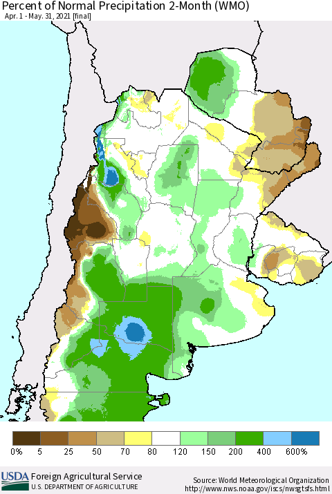 Southern South America Percent of Normal Precipitation 2-Month (WMO) Thematic Map For 4/1/2021 - 5/31/2021