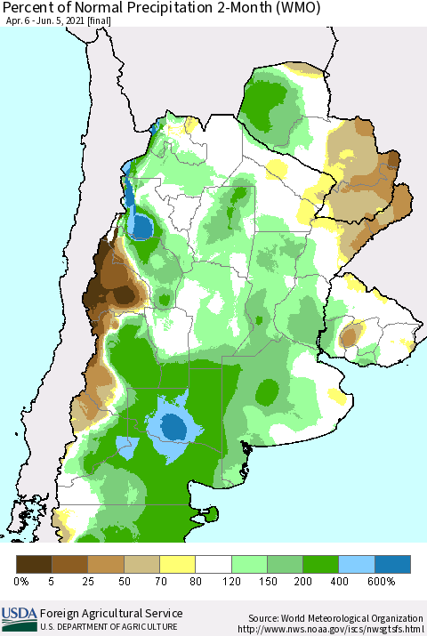 Southern South America Percent of Normal Precipitation 2-Month (WMO) Thematic Map For 4/6/2021 - 6/5/2021