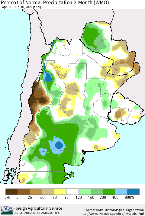 Southern South America Percent of Normal Precipitation 2-Month (WMO) Thematic Map For 4/11/2021 - 6/10/2021