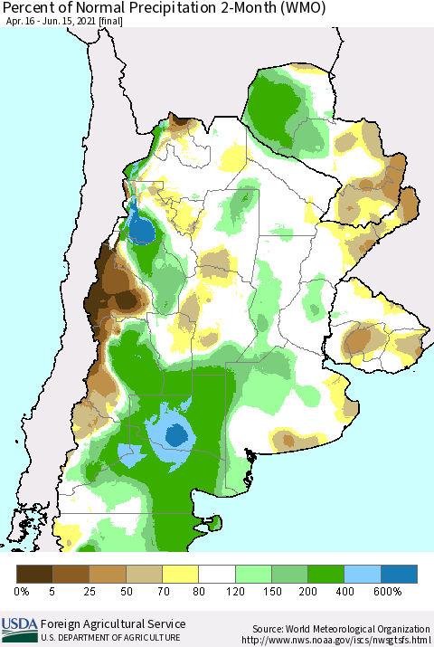 Southern South America Percent of Normal Precipitation 2-Month (WMO) Thematic Map For 4/16/2021 - 6/15/2021