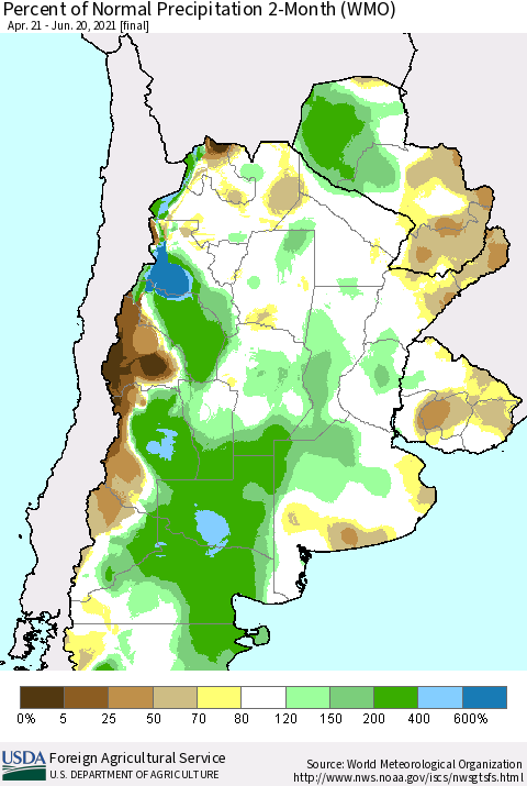 Southern South America Percent of Normal Precipitation 2-Month (WMO) Thematic Map For 4/21/2021 - 6/20/2021