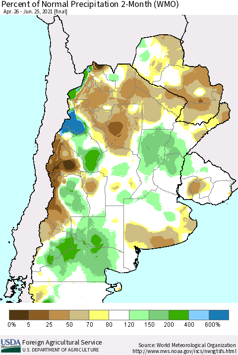 Southern South America Percent of Normal Precipitation 2-Month (WMO) Thematic Map For 4/26/2021 - 6/25/2021
