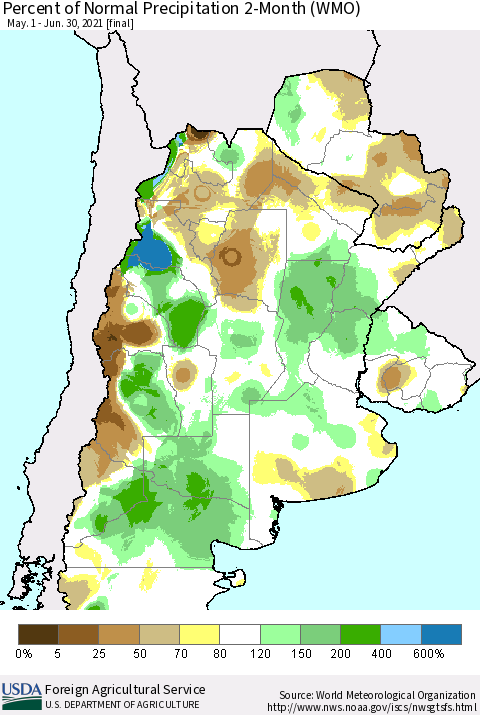 Southern South America Percent of Normal Precipitation 2-Month (WMO) Thematic Map For 5/1/2021 - 6/30/2021