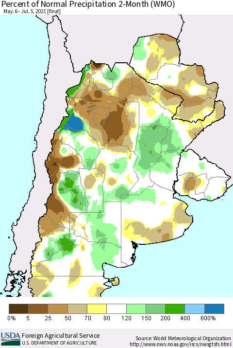 Southern South America Percent of Normal Precipitation 2-Month (WMO) Thematic Map For 5/6/2021 - 7/5/2021