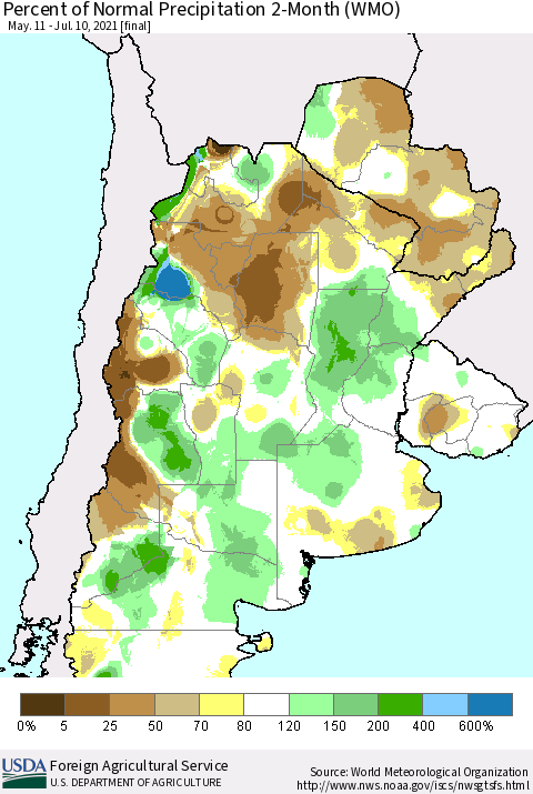 Southern South America Percent of Normal Precipitation 2-Month (WMO) Thematic Map For 5/11/2021 - 7/10/2021