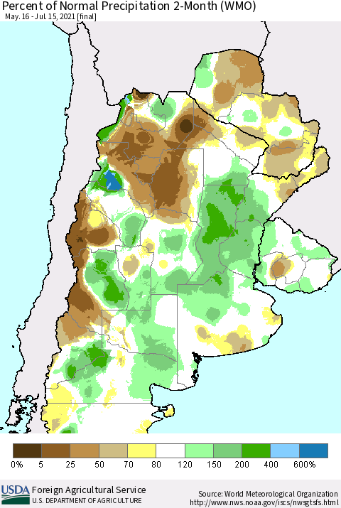Southern South America Percent of Normal Precipitation 2-Month (WMO) Thematic Map For 5/16/2021 - 7/15/2021