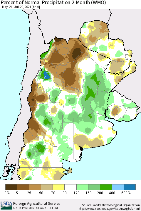 Southern South America Percent of Normal Precipitation 2-Month (WMO) Thematic Map For 5/21/2021 - 7/20/2021