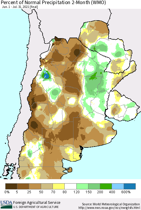 Southern South America Percent of Normal Precipitation 2-Month (WMO) Thematic Map For 6/1/2021 - 7/31/2021