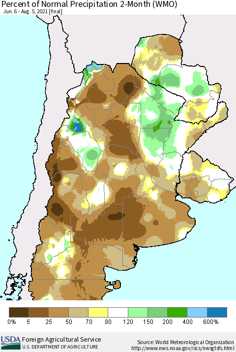 Southern South America Percent of Normal Precipitation 2-Month (WMO) Thematic Map For 6/6/2021 - 8/5/2021