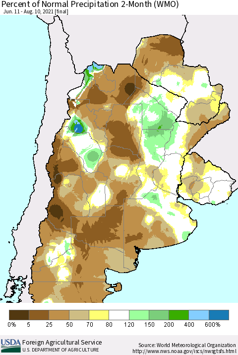 Southern South America Percent of Normal Precipitation 2-Month (WMO) Thematic Map For 6/11/2021 - 8/10/2021