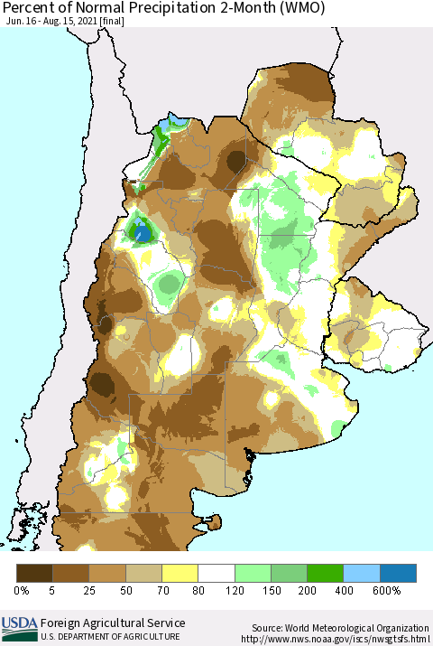 Southern South America Percent of Normal Precipitation 2-Month (WMO) Thematic Map For 6/16/2021 - 8/15/2021
