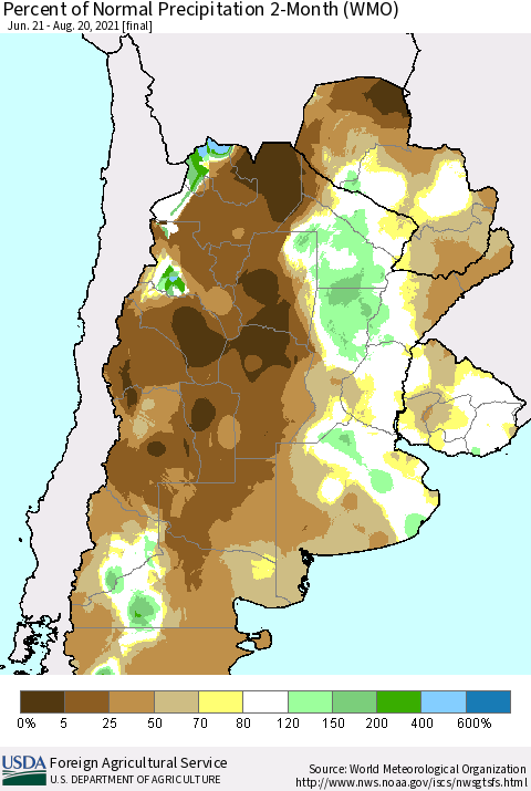 Southern South America Percent of Normal Precipitation 2-Month (WMO) Thematic Map For 6/21/2021 - 8/20/2021