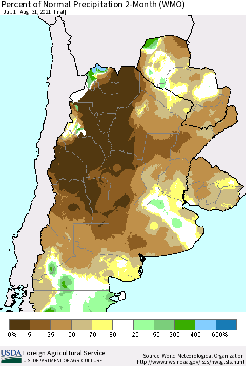 Southern South America Percent of Normal Precipitation 2-Month (WMO) Thematic Map For 7/1/2021 - 8/31/2021