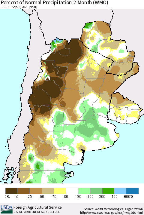 Southern South America Percent of Normal Precipitation 2-Month (WMO) Thematic Map For 7/6/2021 - 9/5/2021