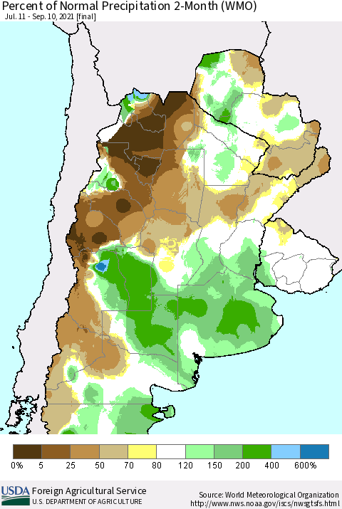 Southern South America Percent of Normal Precipitation 2-Month (WMO) Thematic Map For 7/11/2021 - 9/10/2021