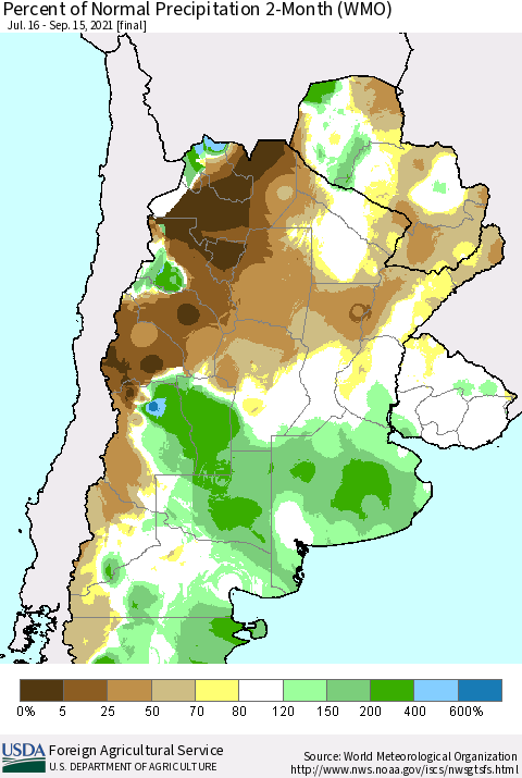 Southern South America Percent of Normal Precipitation 2-Month (WMO) Thematic Map For 7/16/2021 - 9/15/2021