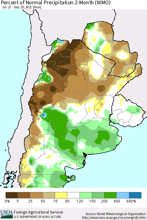 Southern South America Percent of Normal Precipitation 2-Month (WMO) Thematic Map For 7/21/2021 - 9/20/2021