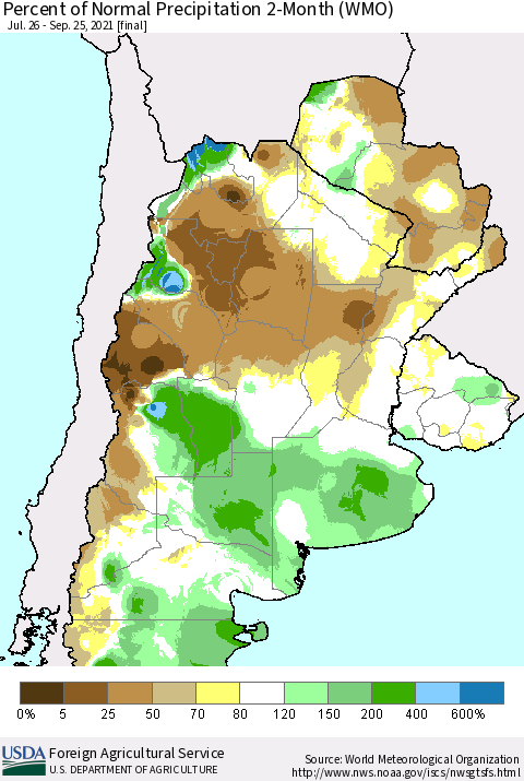 Southern South America Percent of Normal Precipitation 2-Month (WMO) Thematic Map For 7/26/2021 - 9/25/2021