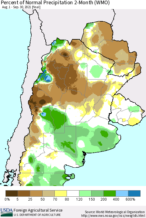 Southern South America Percent of Normal Precipitation 2-Month (WMO) Thematic Map For 8/1/2021 - 9/30/2021