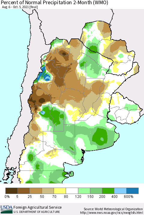 Southern South America Percent of Normal Precipitation 2-Month (WMO) Thematic Map For 8/6/2021 - 10/5/2021