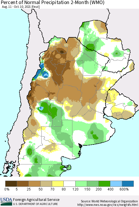Southern South America Percent of Normal Precipitation 2-Month (WMO) Thematic Map For 8/11/2021 - 10/10/2021