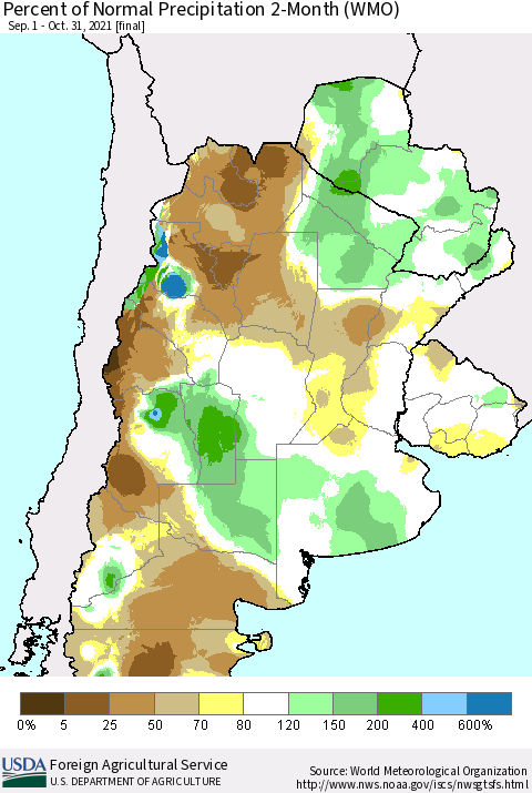 Southern South America Percent of Normal Precipitation 2-Month (WMO) Thematic Map For 9/1/2021 - 10/31/2021
