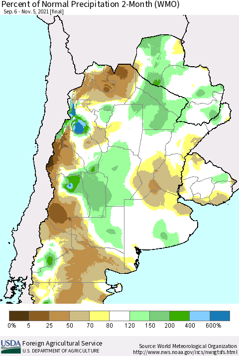 Southern South America Percent of Normal Precipitation 2-Month (WMO) Thematic Map For 9/6/2021 - 11/5/2021