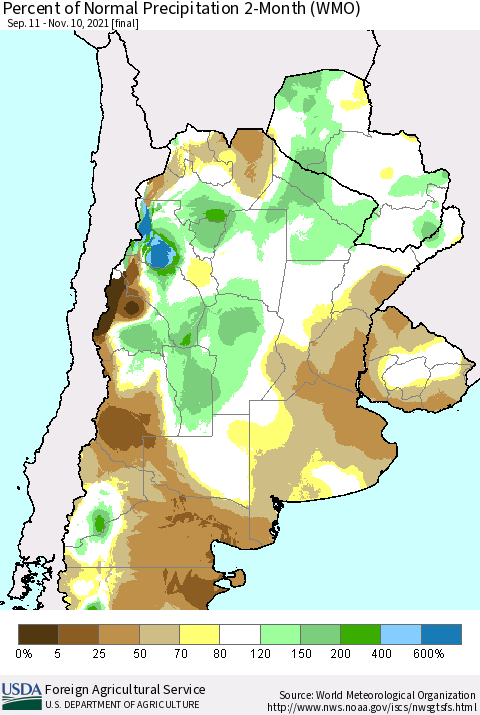 Southern South America Percent of Normal Precipitation 2-Month (WMO) Thematic Map For 9/11/2021 - 11/10/2021