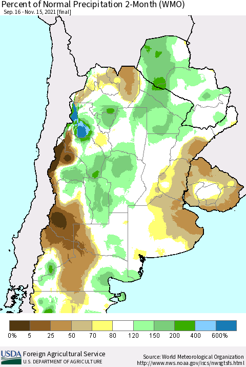 Southern South America Percent of Normal Precipitation 2-Month (WMO) Thematic Map For 9/16/2021 - 11/15/2021