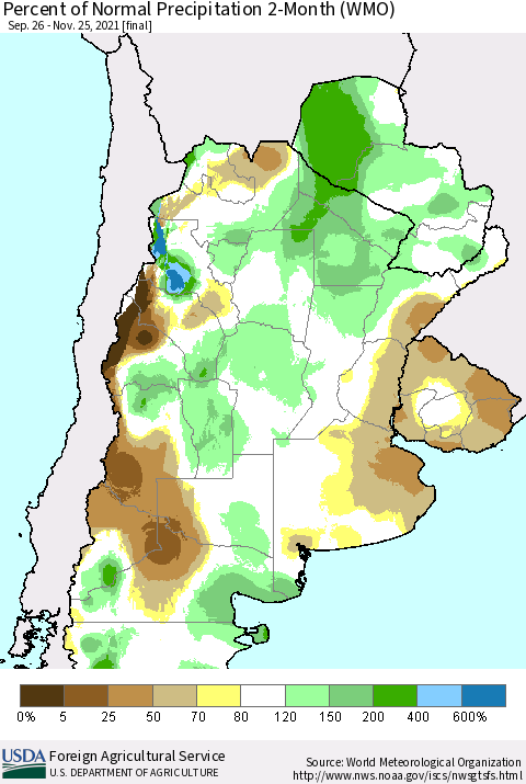 Southern South America Percent of Normal Precipitation 2-Month (WMO) Thematic Map For 9/26/2021 - 11/25/2021