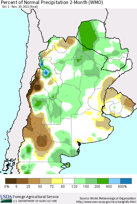 Southern South America Percent of Normal Precipitation 2-Month (WMO) Thematic Map For 10/1/2021 - 11/30/2021