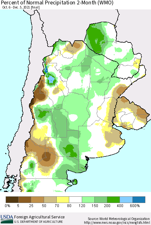 Southern South America Percent of Normal Precipitation 2-Month (WMO) Thematic Map For 10/6/2021 - 12/5/2021