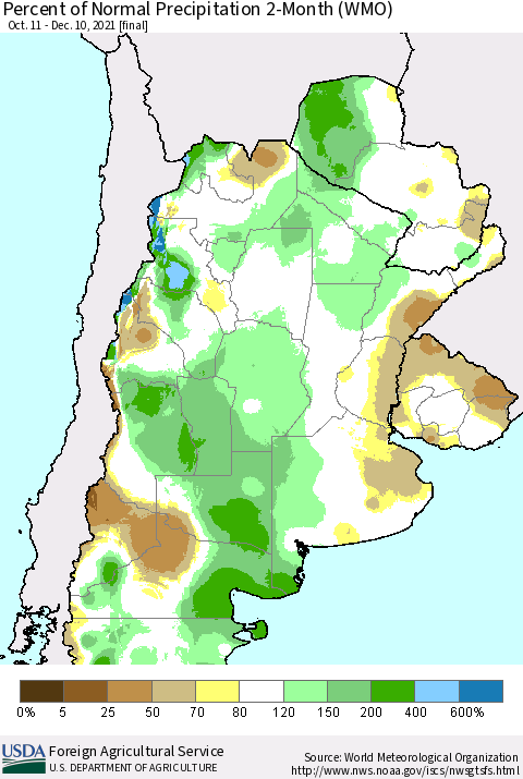 Southern South America Percent of Normal Precipitation 2-Month (WMO) Thematic Map For 10/11/2021 - 12/10/2021
